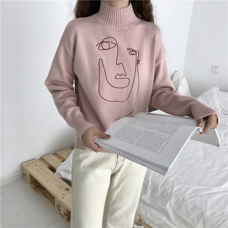 [Korean Style] Isla Abstract Drawing Embroidered Turtleneck Sweater