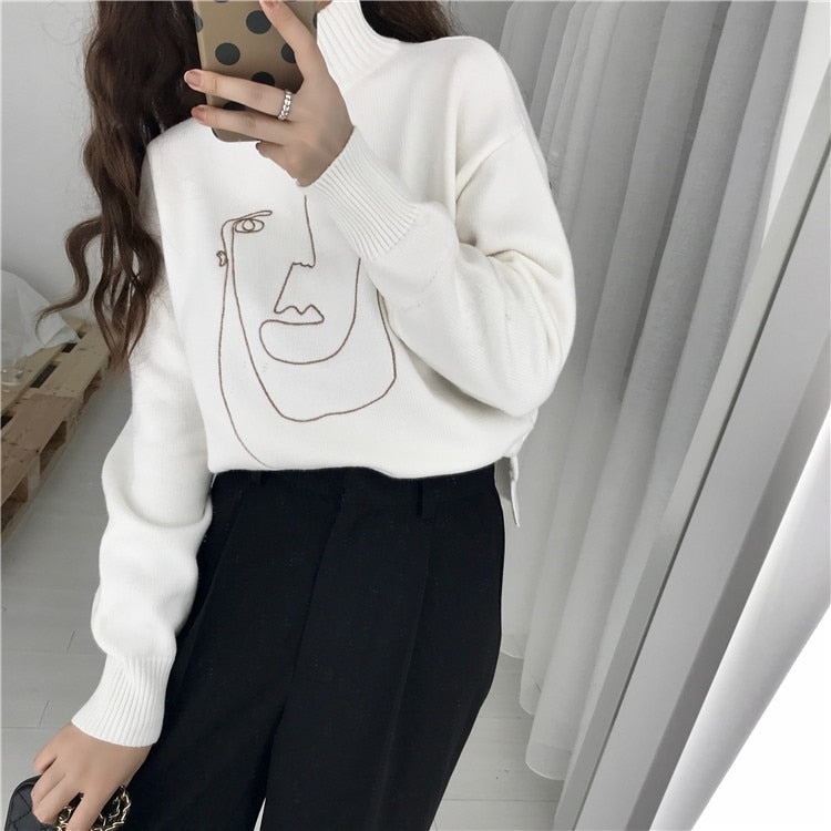 [Korean Style] Isla Abstract Drawing Embroidered Turtleneck Sweater