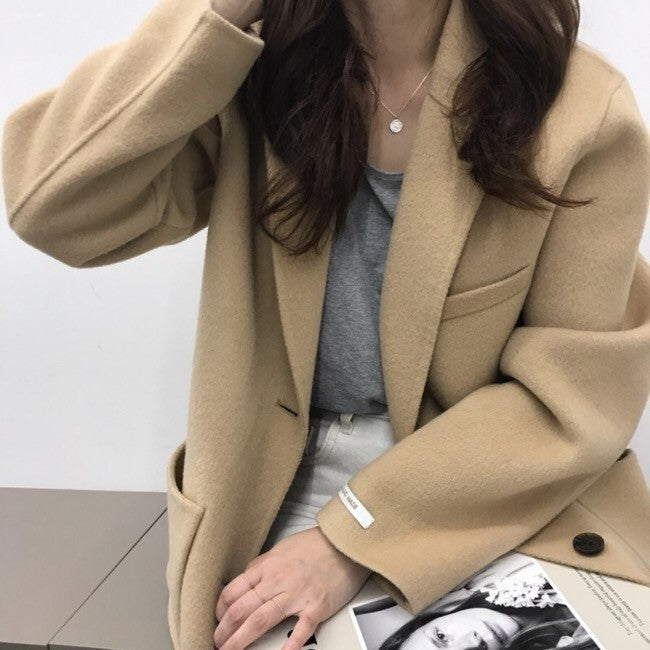 [Korean Style] Oversized Cashmere Blended Blazer Overcoat