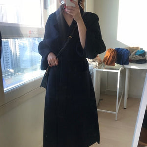 [Korean Style] Mustard Cashmere Blended Belted Long Overcoat