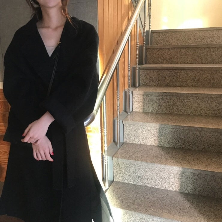 [Korean Style] Mustard Cashmere Blended Belted Long Overcoat
