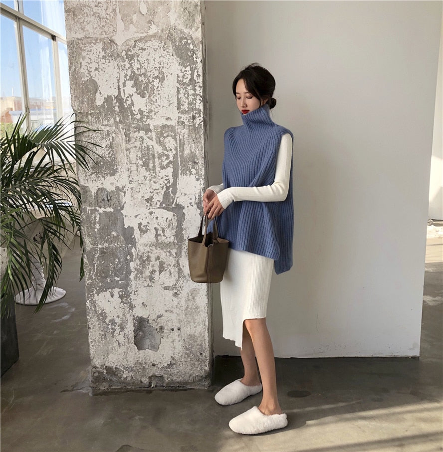 [Korean Style] Blue Marble Vest and Dress 2 pieces Knits Set
