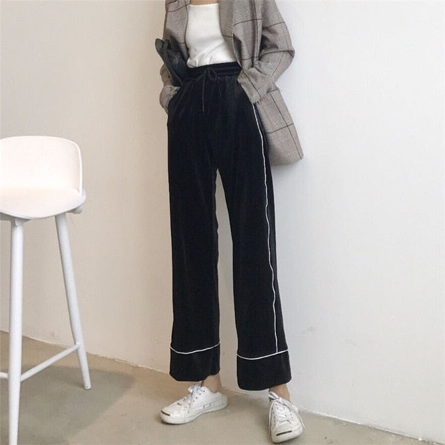 [Korean Style] Velvet Drawstring High Waist Wide Leg Pants