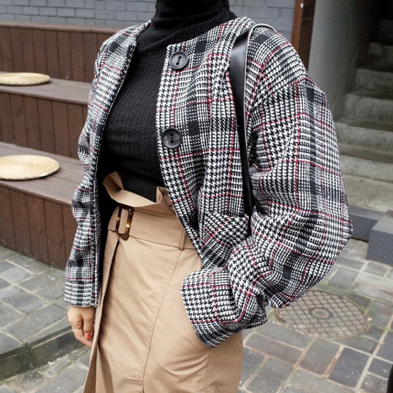 [Korean Style] Round Neck Cropped Plaid Coat