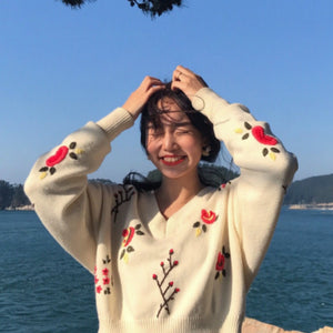 [Korean Style] Cropped Floral Pattern Sweater