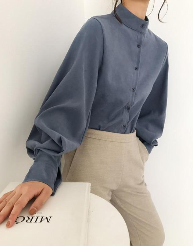 [Korean Style] Lolfea Manderin Collar Blouse with Puff Sleeves