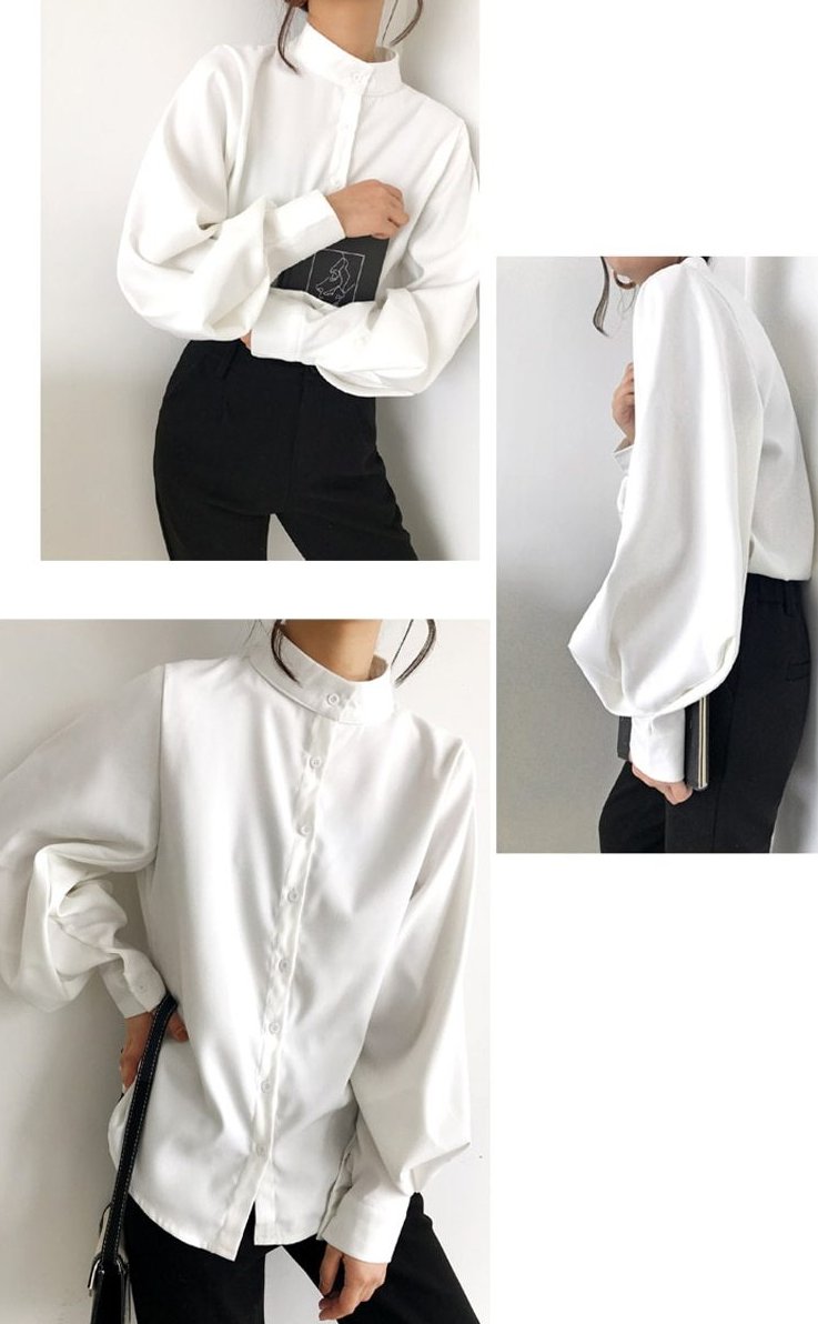 [Korean Style] Lolfea Manderin Collar Blouse with Puff Sleeves