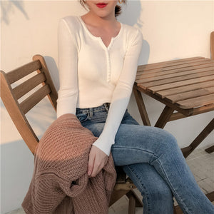 [Korean Style] Lyean V-neckline Button Rib knits