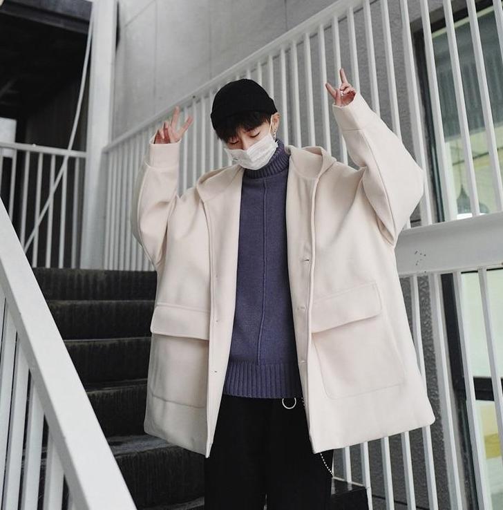 [Korean Style] Minimal Woolen Hoodie Overcoat