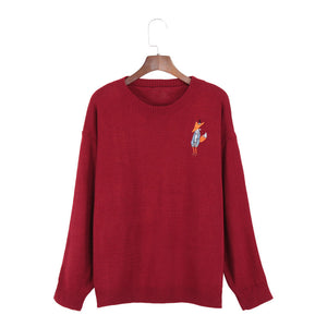 [Korean Style] Fox Embroidery Round Neck Knit Sweater