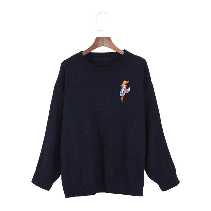 [Korean Style] Fox Embroidery Round Neck Knit Sweater
