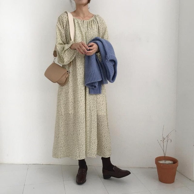 [Korean Style] Quorit Long Dress with Lantern Sleeves