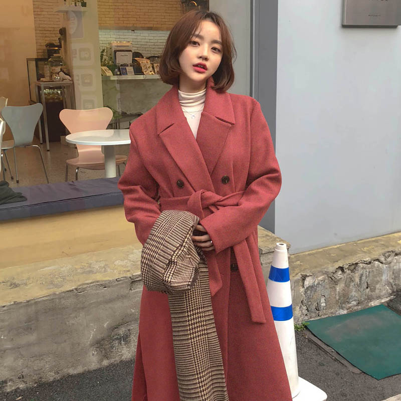 [Korean Style] Berry Belted Long Overcoat