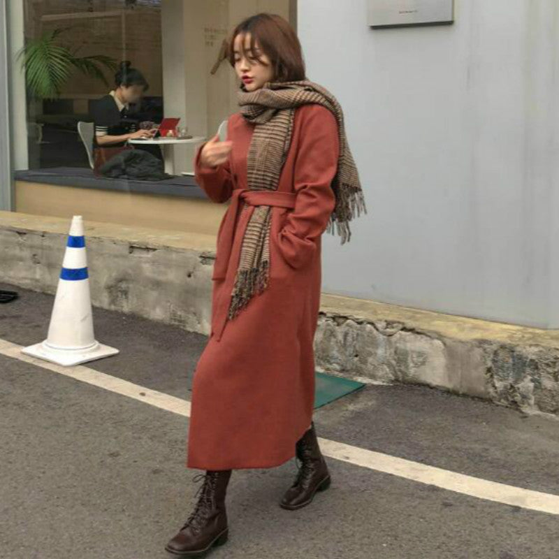 [Korean Style] Berry Belted Long Overcoat