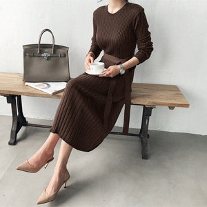 [Korean Style] Rum Long Sleeve belted knit Dress