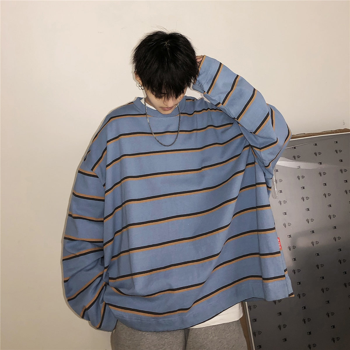 [Korean Style] Loose-Fit Stripe Round Neck Sweatshirts