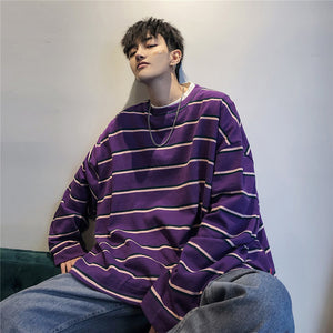 [Korean Style] Loose-Fit Stripe Round Neck Sweatshirts