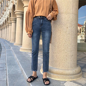 []Korean Style] Ankle Length High Waisted Straight Jeans