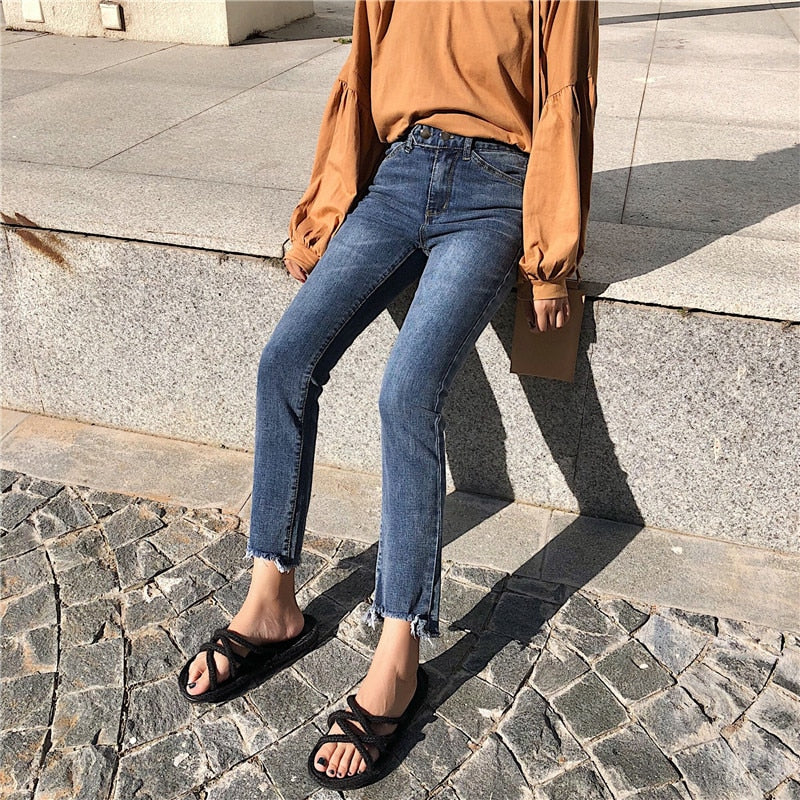 []Korean Style] Ankle Length High Waisted Straight Jeans