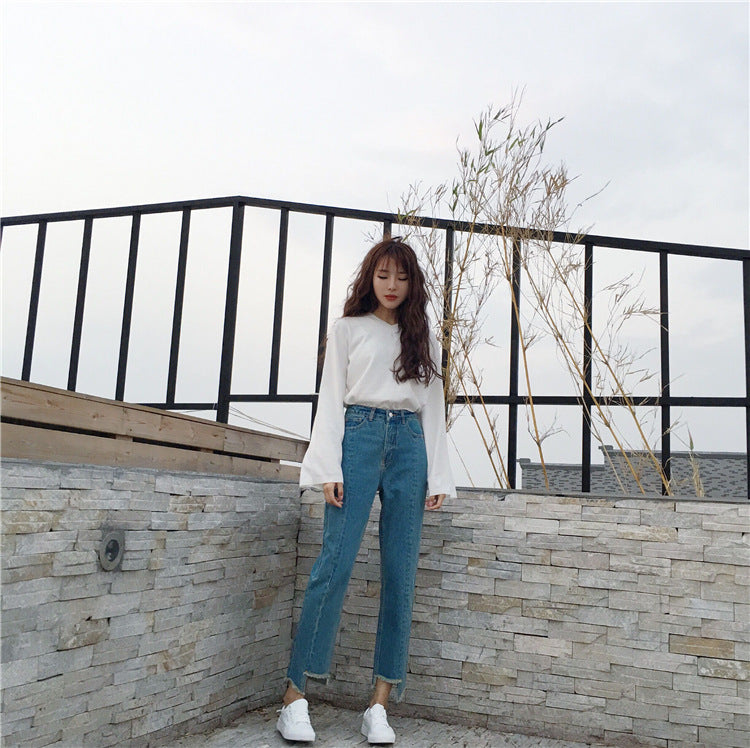 [Korean Style] Lote High Waisted Asymmetrical Straight Jeans