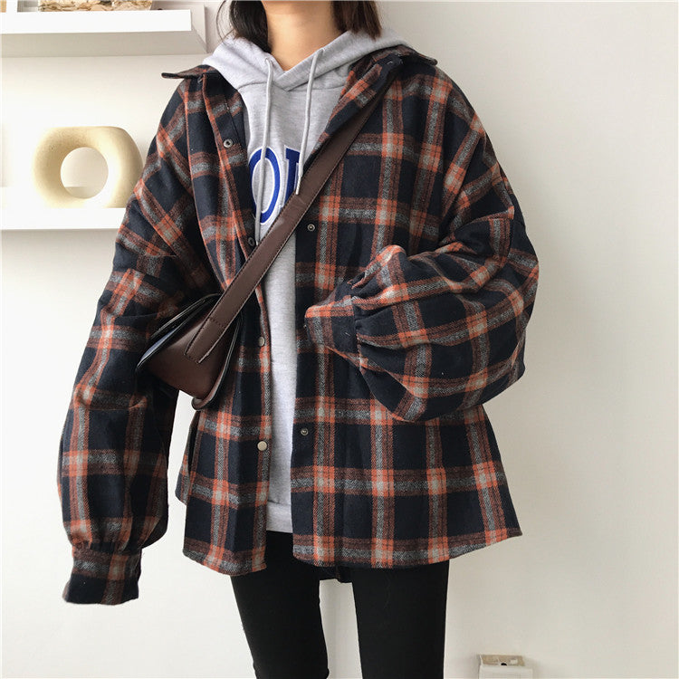 [Korean Style] Chillo Oversized Plaid Shirts with Puff Sleeve