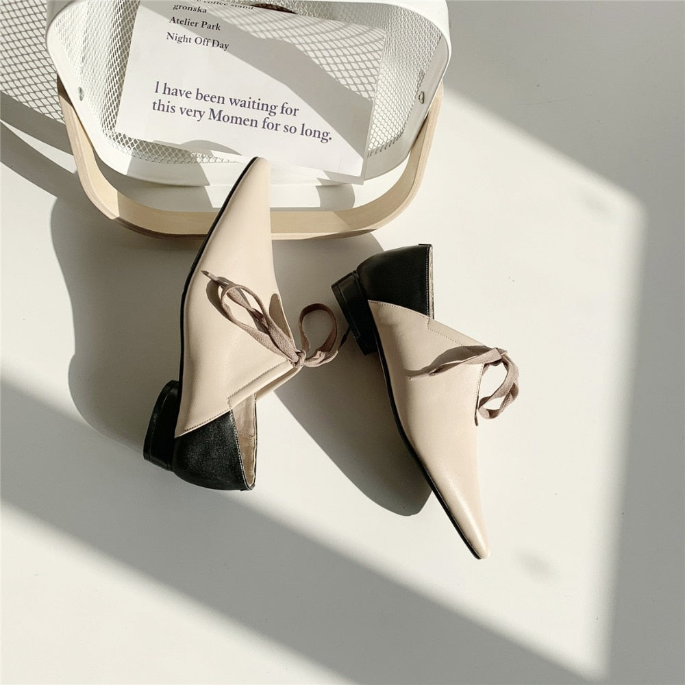 [Korean Style] Romie Genuine Leather Ribbon Pointy-toe Flats