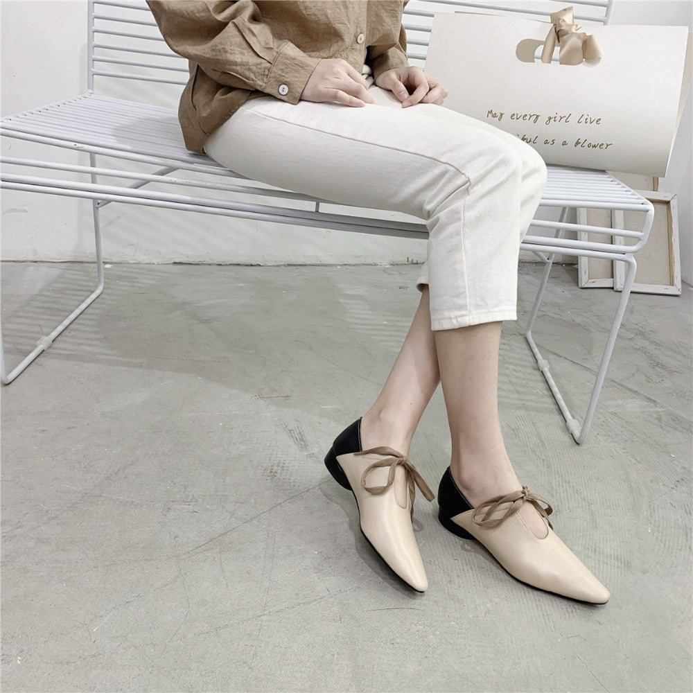 [Korean Style] Romie Genuine Leather Ribbon Pointy-toe Flats