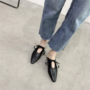 [Korean Style] Romie Genuine Leather Ribbon Pointy-toe Flats