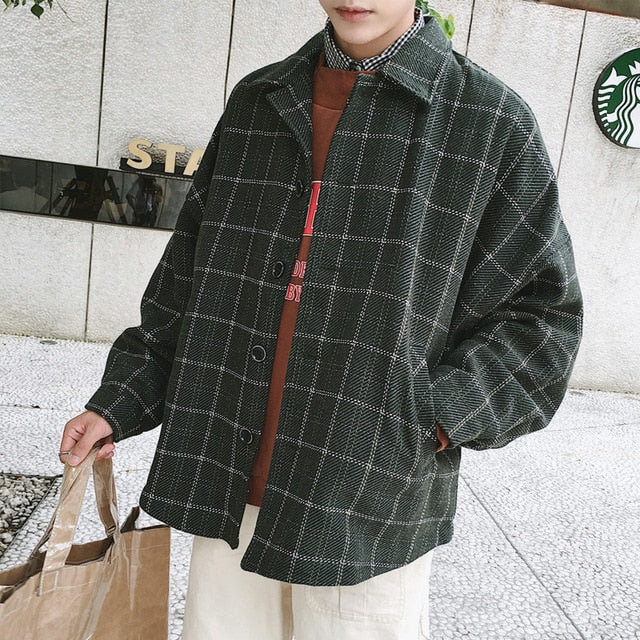 [Korean Style] Ray Plaid Turn-over Collar Plaid Jacket