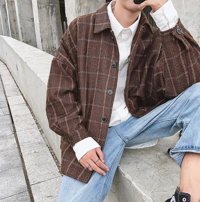 [Korean Style] Ray Plaid Turn-over Collar Plaid Jacket