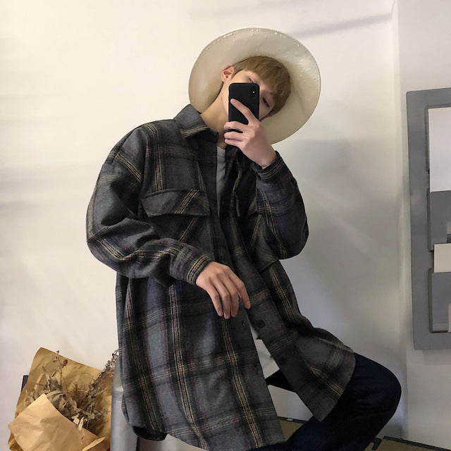 [Korean Style] Satin Retro Plaid Shirts