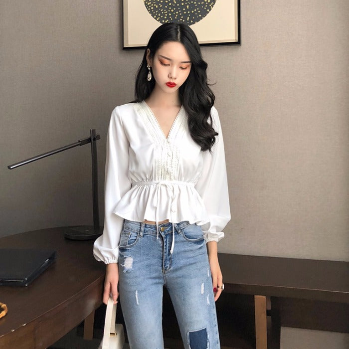 [Korean Style] Celania V Neck Lace Ruffle Blouse