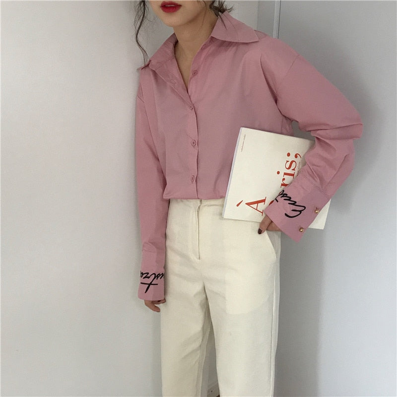 [Korean Style] Kessilia Letter Embroidery Solid Color Shirt