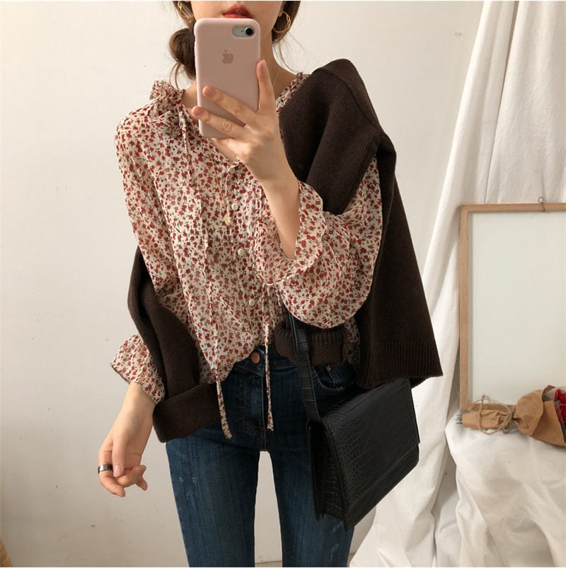 [Korean Style] Aeffy Floral Print Chiffon Blouse