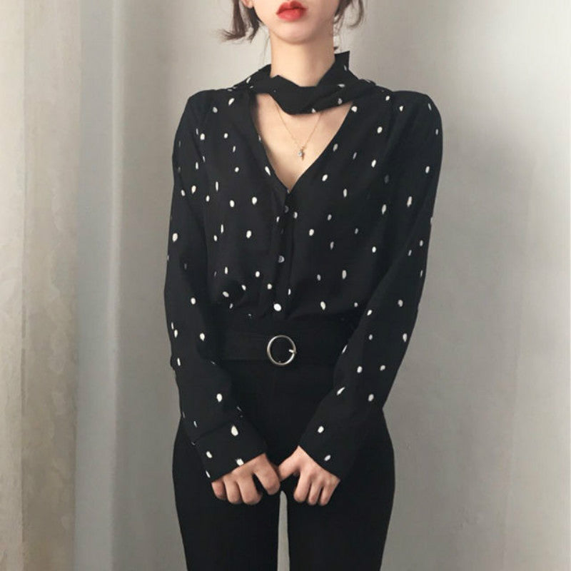 [Korean Style] Laurell V neck Polka Dot Blouse