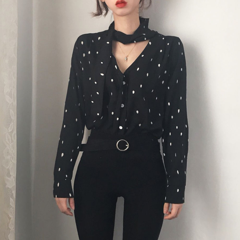 [Korean Style] Laurell V neck Polka Dot Blouse