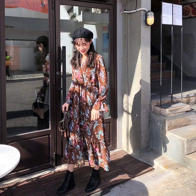 [Korean Style] Vetera Floral Chiffon Maxi Dress