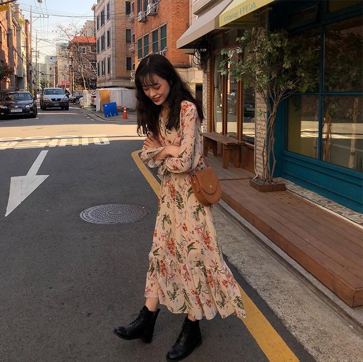 Berry Flower Long Sleeve Korean Maxi Dress | Shopee Philippines