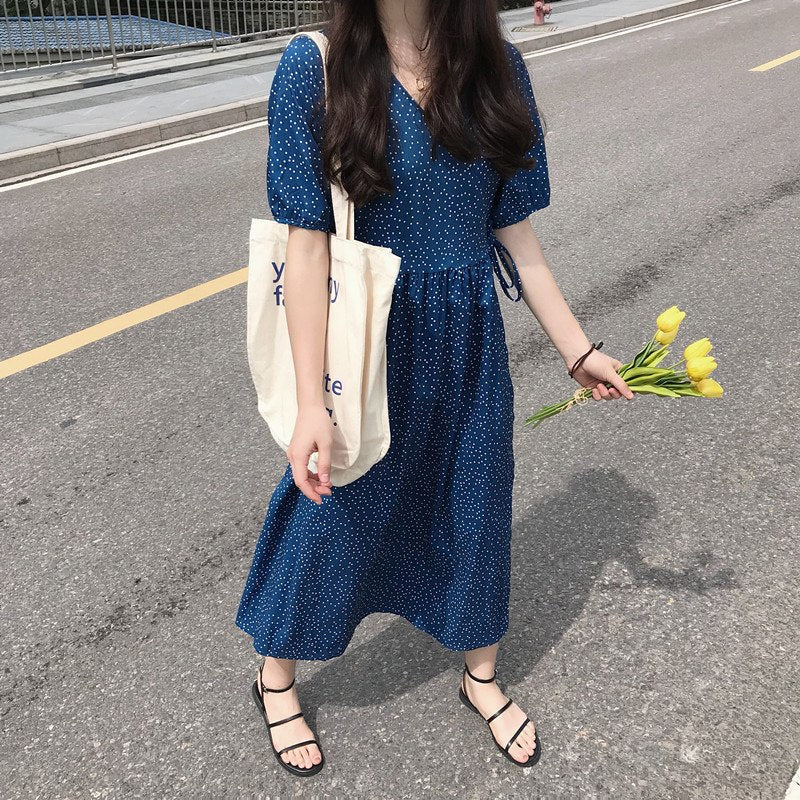 [Korean Style] Heizz Blue Polka Fot Maxi Dress