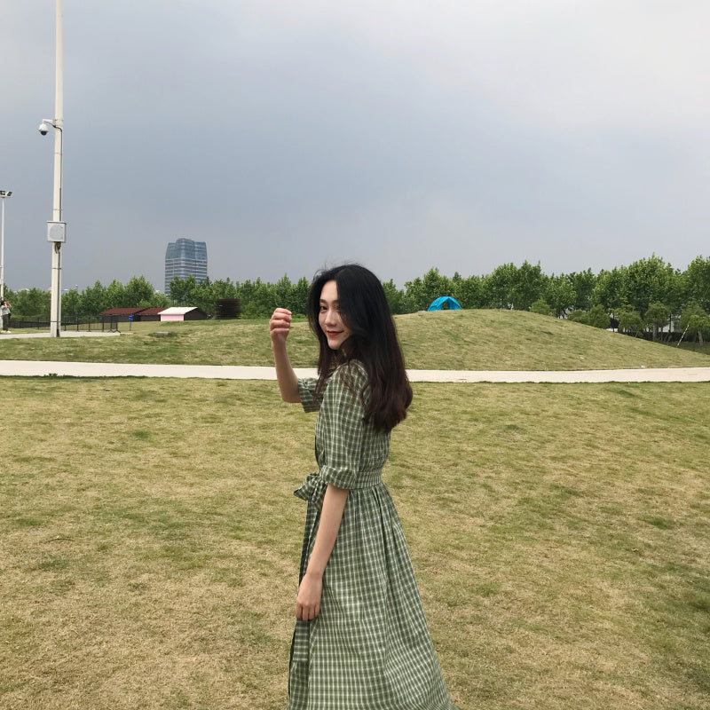 [Korean Style] Green Apple Vintage Style Plaid A-Line Dress