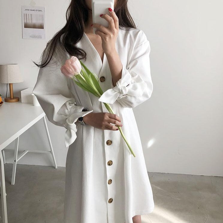 [Korean Style] Kate Button Down Shirt Dress with ribbon
