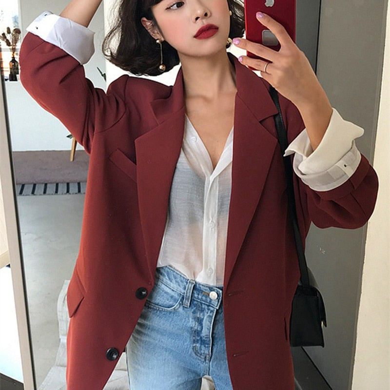 [Korean Style] Vintage Chic Single Breasted Burgandy Blazer