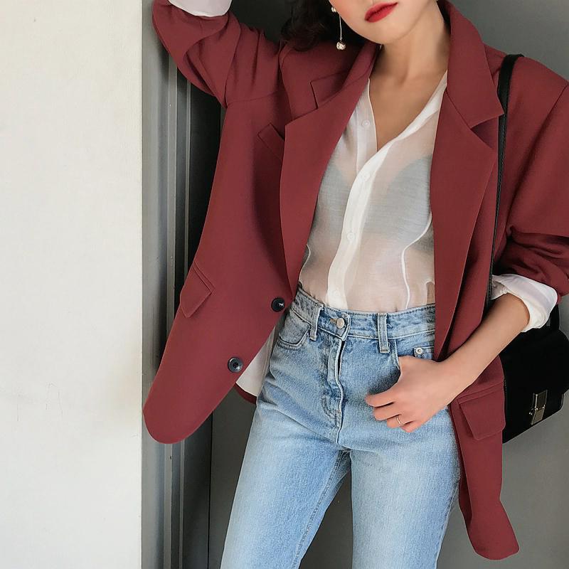 [Korean Style] Vintage Chic Single Breasted Burgandy Blazer