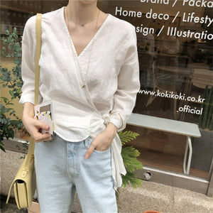 [Korean Style] Recci V Neck Cotton Wrap Top