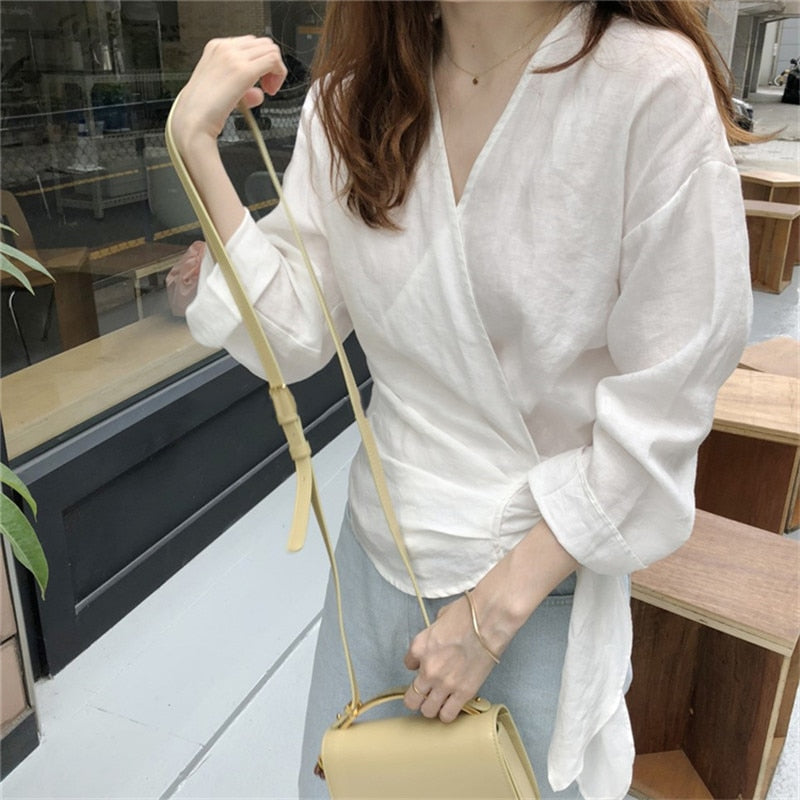 [Korean Style] Recci V Neck Cotton Wrap Top