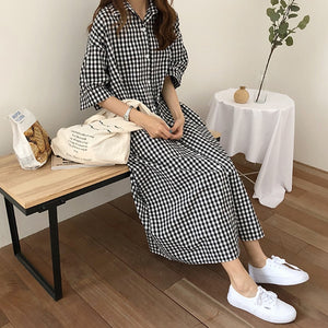 [Korean Style] Pleat Check Casual Loose Fit Shirt Dress