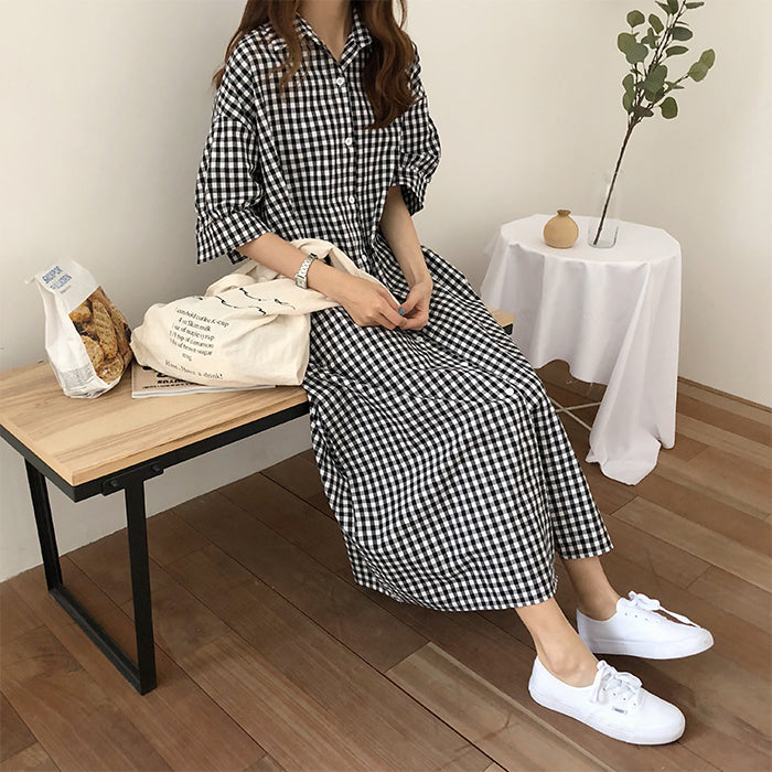 [Korean Style] Pleat Check Casual Loose Fit Shirt Dress