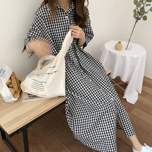 [Korean Style] Pleat Check Casual Loose Fit Shirt Dress
