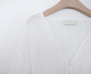 [Korean Style] Moda Loose Fit Lace V-neck Cotton Blouses