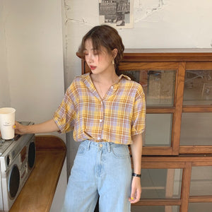 [Korean Style] Kassy short sleeve Plaid Blouse
